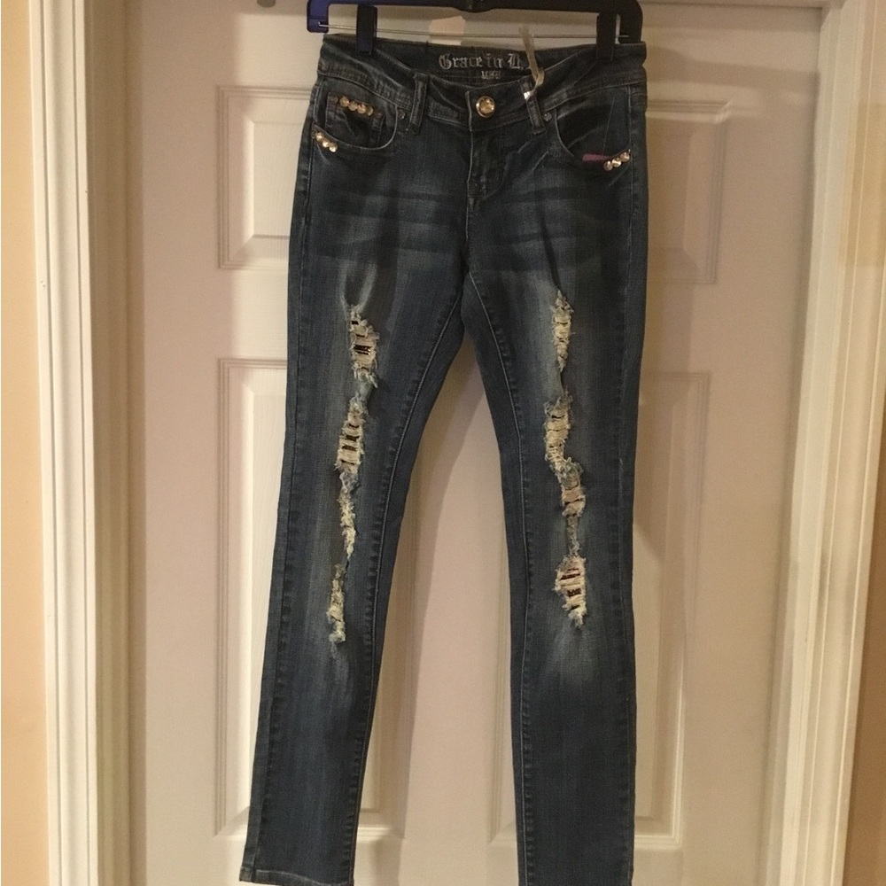 Grace in LA Distressed Blue Juniors Jeans